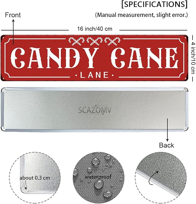 Red Candy Cane Lane Christmas Metal Sign Vintage Print Art Poster Tin Hanging Plaque for Home Kitchen Patio Yard Office Cafe Coffee Bar Front Door Wall Decor Novelty Gift 16" x 4" - Image 2
