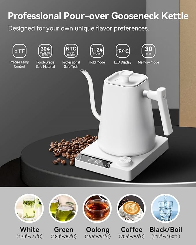 Electric Gooseneck Kettle, ±1℉ Temperature Control, for Pour Over Coffee and Tea, 304 Stainless Steel Inner, BPA-Free, Quick Heating Electric Kettles for Boiling Water, 1L WHITE