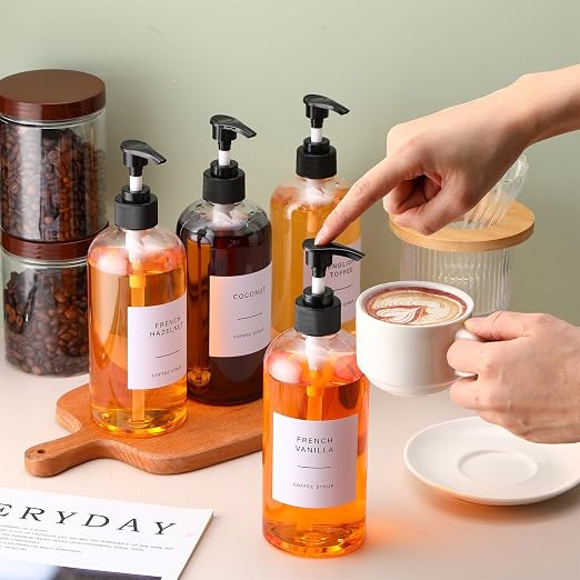 9 Pcs Coffee Syrup Dispenser Set 16.9 Oz/500 ml Plastic Coffee Syrup Dispenser Pump Bottle Pet Jar with Lids Gold Spoon and Labels for Home Bar Organization - Image 3
