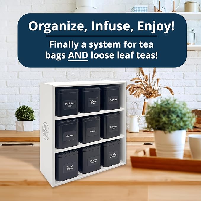 AllSpice Tea Organizer Rack with 9 Tins & 160 Magnetic Labels – Perfect for Bagged & Loose Leaf Tea Organization - White