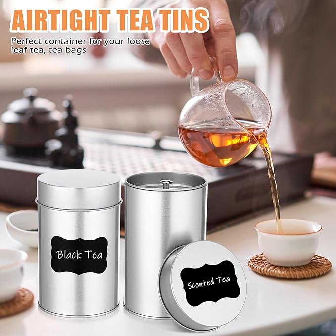Tanlade 3 Pcs Tea Tin Canister with Airtight Lid,14 oz Tea Storage Tins with 1 Erasable Chalk Marker and 16 Stickers for Loose Leaf Coffee Sugar Metal Round Containers Can Double Sealed