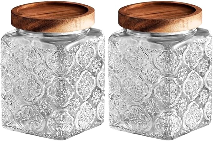 Glass Jar with Lid, Vintage Glass Storage Jars with Airtight Lid Coffee Canister Sugar Container for Kitchen Counter Pantry, Flour, Candy, Tea, Coffee Beans, Oats (Begonia Square*2)