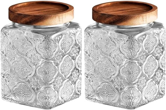 Glass Jar with Lid, Vintage Glass Storage Jars with Airtight Lid Coffee Canister Sugar Container for Kitchen Counter Pantry, Flour, Candy, Tea, Coffee Beans, Oats (Begonia Square*2)