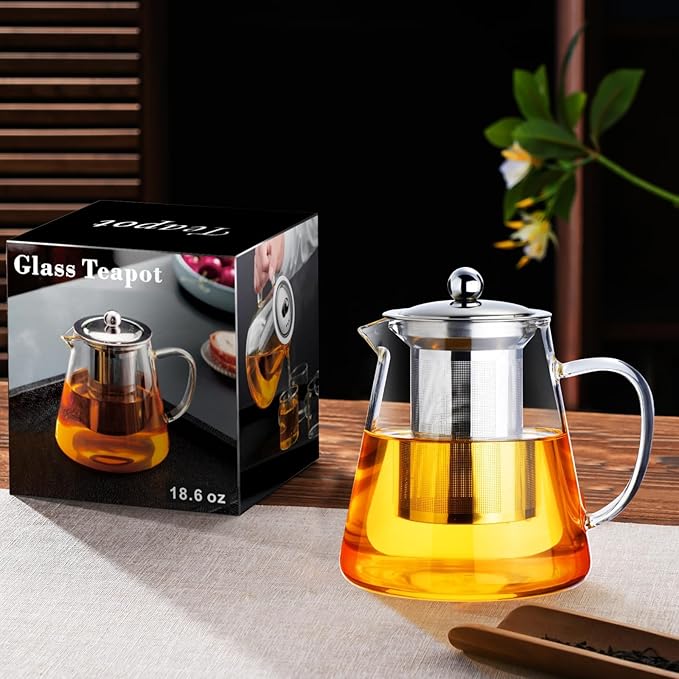 Glass Teapot 18.6oz/550ml, Tea Pot with Removable Infusers for Loose Tea, Borosilicate Glass Tea Kettle Tea Maker Stovetop for Camping, Tea Infuser for Loose Leaf Tea Travel