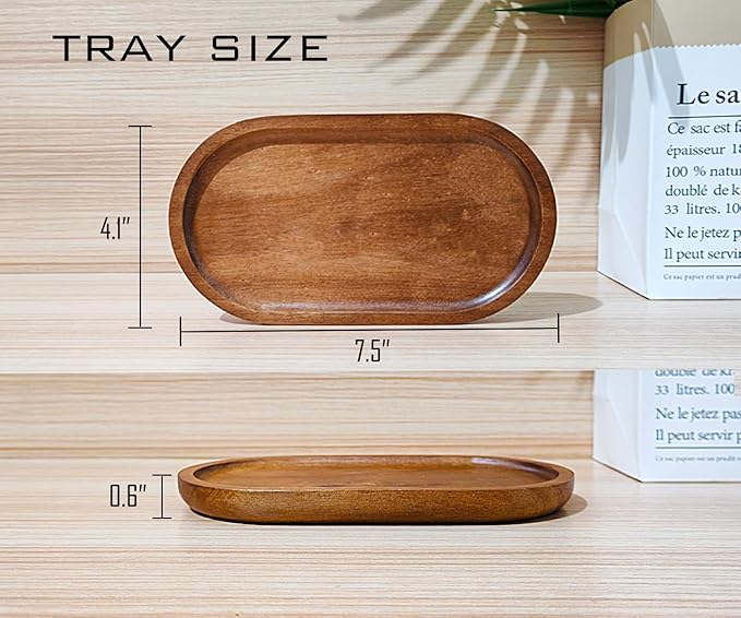 Small Wooden Tray (7.5 x 4.1 inch) 3 Pack, Oval Mini Serving Tray for Coffee Tables, Dessert, Snack, Fruit, Acacia Wood Platter for Vegetable, Decor Restaurant