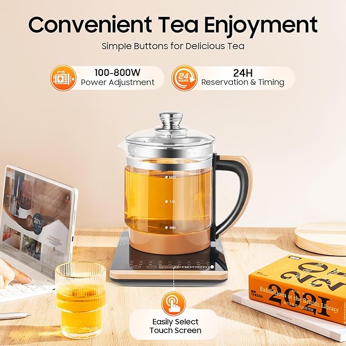 Tea Electric Kettle, Electric Tea Kettle, 1.8L Electric Glass Kettle, 800W Portable Electric Health Pot with Infuse with Temperature Control & 18 Smart Programs,24H Keep Warm & Boil-Dry Protection