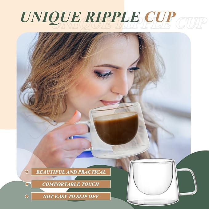 Rtteri 6.7 oz Double Wall Glass Coffee Mugs Set of 6 Espresso Mugs with Square Handle Glass Cappuccino Cups Tea Clear Coffee Insulated Cups Gift Set for Latte Tea Bag Beverage Cafe Kitchen