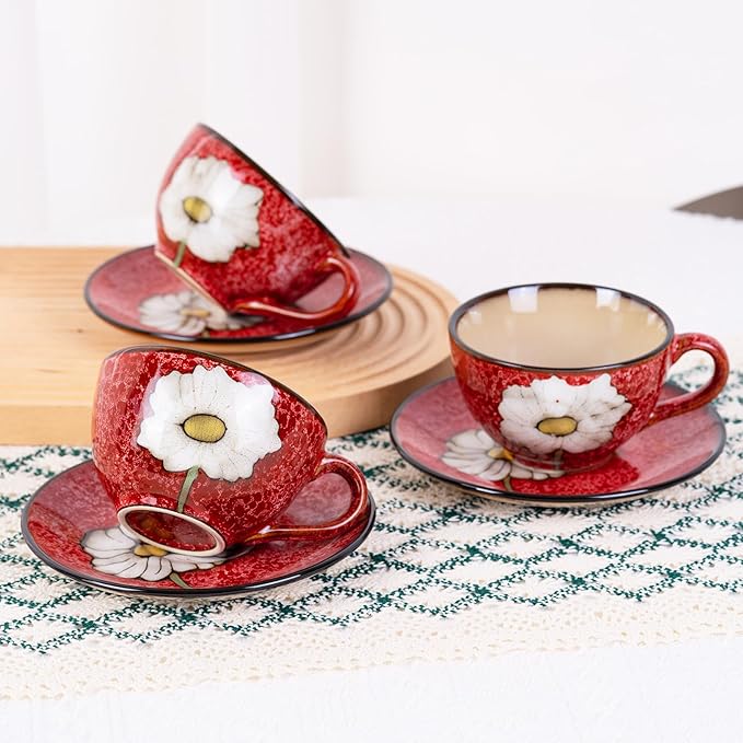 8 Oz Floral Porcelain Cappuccino Cups with Saucers Set of 4, Stoneware Tea Coffee Mugs for Home Kitchen & Office, Dishwasher Microwave Oven Safe, for Espresso, Latte, Americano, Milk & Tea, Red