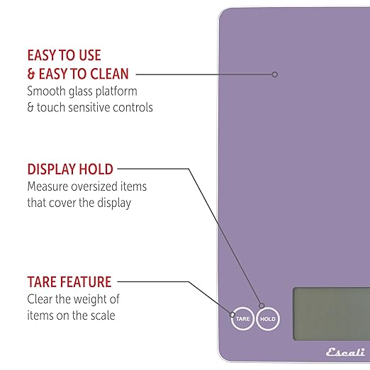 Escali Arti Glass Food Scale Digital Countertop Kitchen, Baking and Cooking Scale with Large Display, 15-Pound Capacity, 9" x 6.5" x .75", Classic Violet