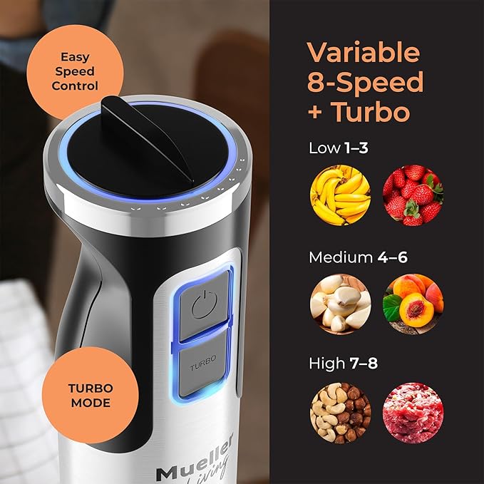 MuellerLiving Immersion Hand Blender Full Set - 8 Speed Immersion Blender, Hand Mixer with 7 Attachments: Stainless Steel Blade, Whisk, Milk Frother, Beater, Mixing Hooks, Potato Masher, Chopper Bowl