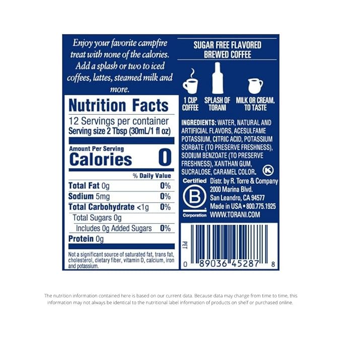 Torani Sugar Free S'mores Flavored Drink Syrup, 12.7 fl oz (Pack of 4)