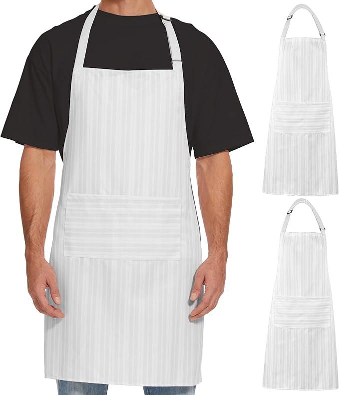 Will Well 2 Pack Bib Apron For Men & Women with 2 Pockets - White Stripe | Unisex 33'' x 27'' Oil & Water Resistant Soft Kitchen Chef Apron with Adjustable Neck Strap & 38'' Waist Ties for Snug Fit by WillWell