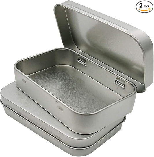 2 Pcs Metal Hinged Tin Box Container Mini Portable Small Storage Container Kit with Lid for Home Storage 3.7x2.3x0.8 inch, Silver