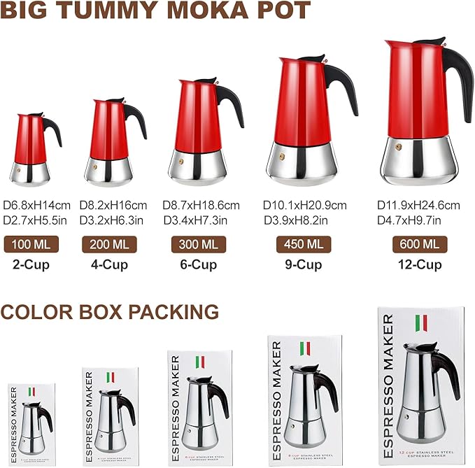 4 Cup Stovetop Espresso Maker Stainless Steel Moka Pot Stove Top Percolator Italian Coffee Makers Capable Mocha Greca Machine Cafe Classic Induction Cookers for Home and Camping 200ml 6.6oz