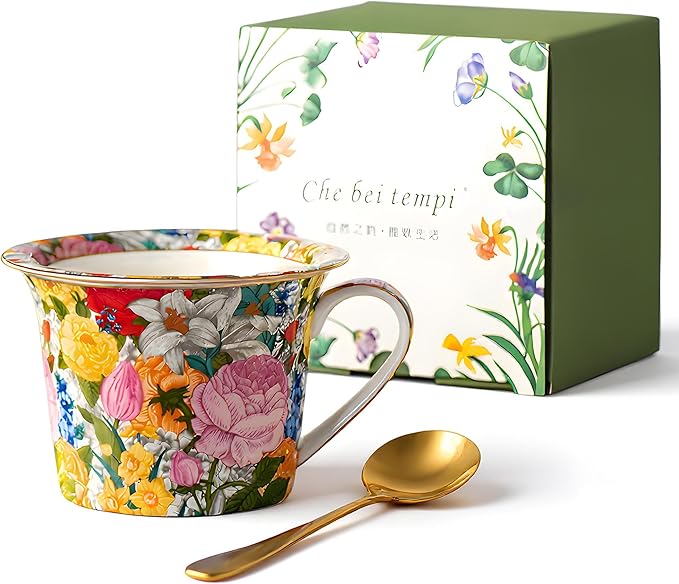 15oz Ceramic Coffee Mug – French Vintage Garden Style Cup with Multicolor Floral Design & Gold Rim, Artistic Pottery Gift Mug for Women
