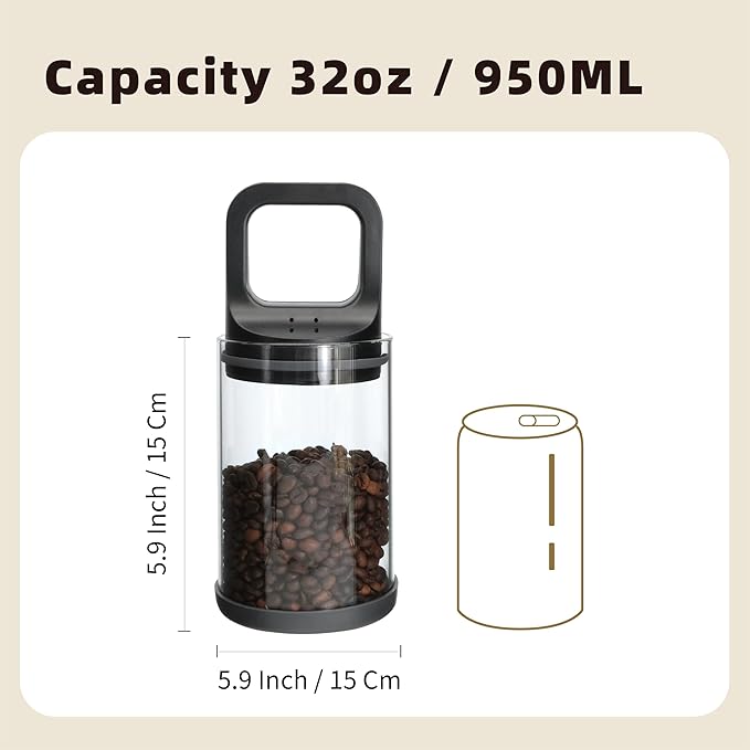 Premium Coffee Canister with Vacuum Seal Technology, Airtight Coffee Bean Storage Container with Push Lid, Borosilicate Glass Container for Coffee Freshness (950ml/32oz)