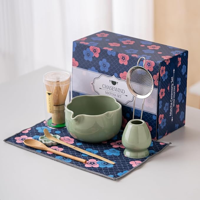 Matcha Set, 8Pcs Floral Ceramic Matcha Kit with Matcha Whisk, Holder, Scoop, Scoop Rest, Sifter, Spoon and Tea Towel - Thoughtful Matcha Whisk Set Gift for Matcha Lovers (Green)