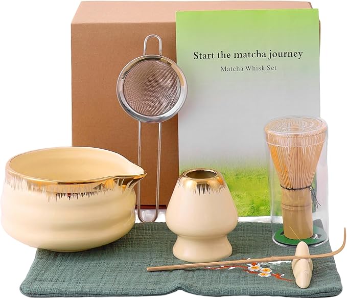 7-Piece Matcha Whisk Set – Yellow Spouted Ceramic Bowl with Golden Texture + Bamboo Whisk, Ceremonial Matcha Kit for Breakfast/Latte, Starter Tea Tools for Matcha Lovers