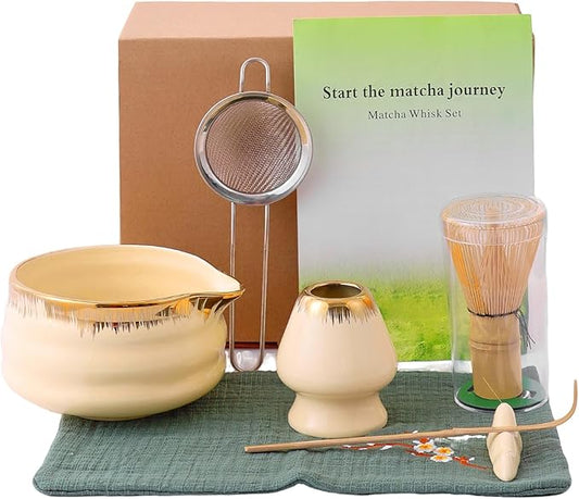 7-Piece Matcha Whisk Set – Yellow Spouted Ceramic Bowl with Golden Texture + Bamboo Whisk, Ceremonial Matcha Kit for Breakfast/Latte, Starter Tea Tools for Matcha Lovers