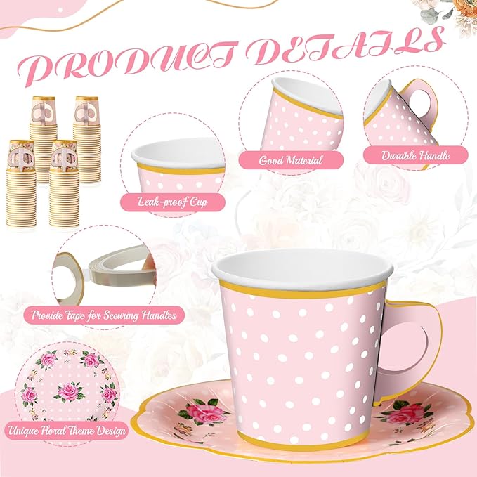 Umigy 36 Sets Tea Party Decorations 6.5 oz Floral Paper Tea Cups with Plates Paper Napkins Disposable Blossom Teacups and Saucers Sets for Girls Birthday Party Supplies(Pink)