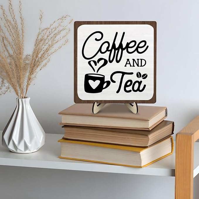 Coffee Bar Sign Plaque, Coffee Signs for Coffee Station, Vintage Coffee Sign Decor for Kitchen, Coffee Bar Accessories, Coffee Themed Gifts, Farmhouse Cafe Sign,Coffee & Tea Bar Decor Signs (White&Brown, 5.9x5.9inches)