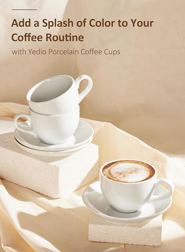 Yedio Porcelain Coffee Cups Set with Saucer, 6 Ounce White Porcelain Cup and Saucer Set for Cappuccino, Coffee Latte, Coffee drinks and Tea, Set of 6