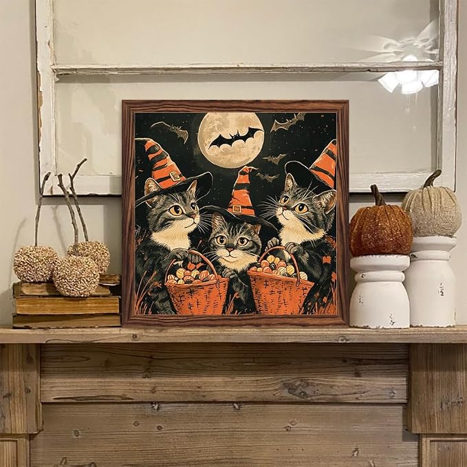 Vintage Halloween Decorative Sign Witch Cats Holding Baskets of Candy Art Wooden Sign, With Frame Festival Sign for Home Office, Cafe, Bathroom Halloween Decor 7.87x7.87 Inch - Image 6