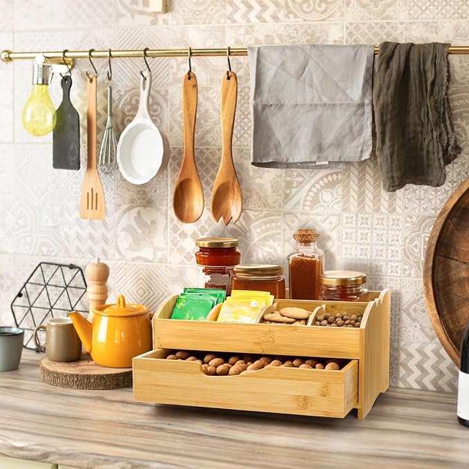 Covzoe Coffee Station Organizer for Countertop, Bamboo Coffee Pods Holder Bar Organizer with Drawer, Rustic Tea Condiment Storage Caddy for Bar Decor Kitchen Home Office - Image 7