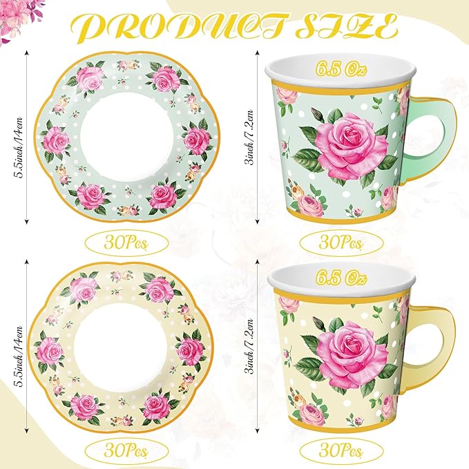 Umigy 60 Sets Tea Party Decorations 6.5 oz Floral Paper Tea Cups with Handle and Plates Disposable Blossom Teacups and Saucers Sets for Girls Kids Birthday Garden Wedding Party Supplies(Yellow, Green)