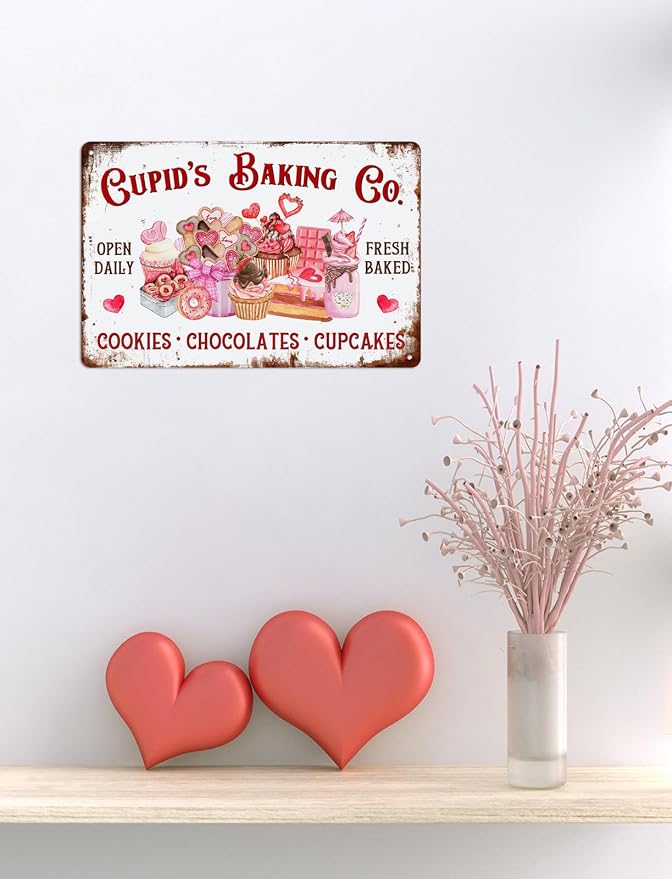 Cupid’S Baking Co Metal Tin Sign Cookies Chocolate Cupcake Valentine's Day Sign for Home Kitchen Restaurant Farmhouse Coffee Bar Wall Decor Decoration Art Sign Vintage Poster 8x12 Inch - Image 6