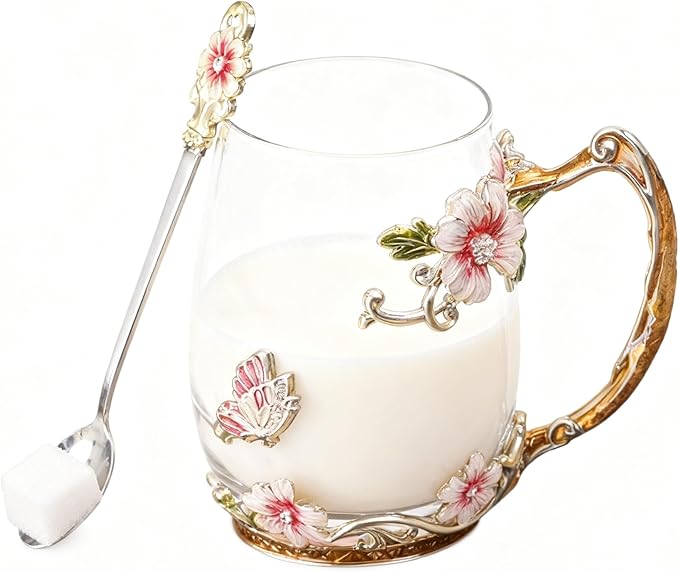 Flower Glass Coffee Tea Cup With Spoon Set Ideal Gifts For Mom Women Christmas Stocking Stuffers Valentine's Day Birthday Gifts For Her Girlfriend Wife Nice Present From Daughter Son (Red-Tal)