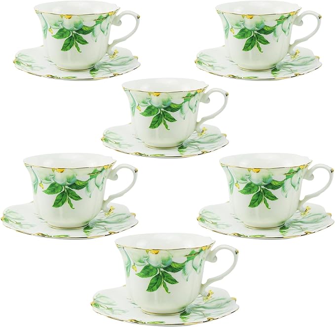 Country Roses Porcelain Tea Cup and Saucer Set with Gold Trim, Vintage Style, For Women and Tea Parties (6, Green)