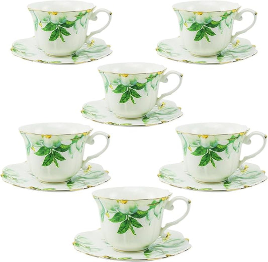 Country Roses Porcelain Tea Cup and Saucer Set with Gold Trim, Vintage Style, For Women and Tea Parties (6, Green)