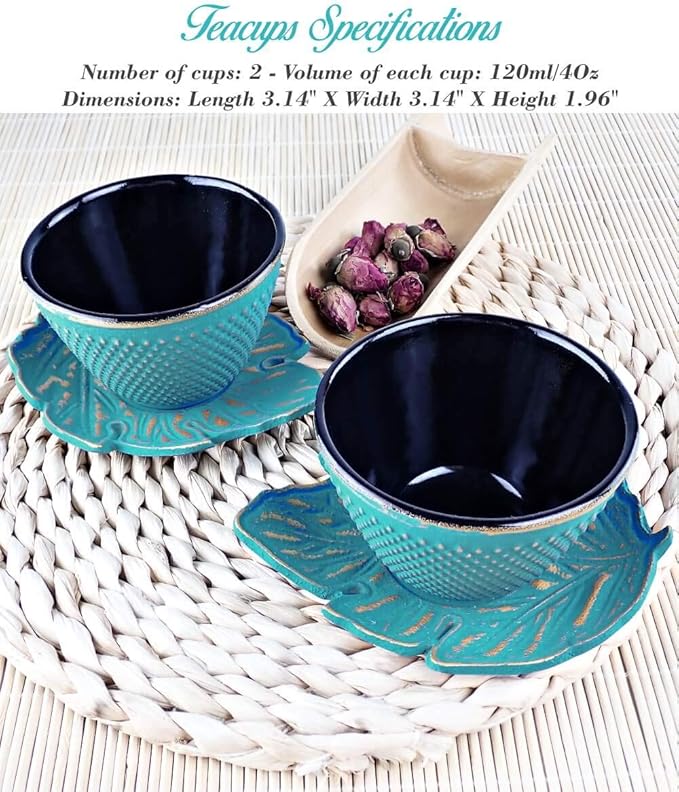 4pc Japanese Tea Cups Set. Turquoise/Gold Cast Iron Tea Cup Set, 2 Tea Cups and Saucers. 4oz Teacup Set For Any Japanese Tea Set or Teapot.