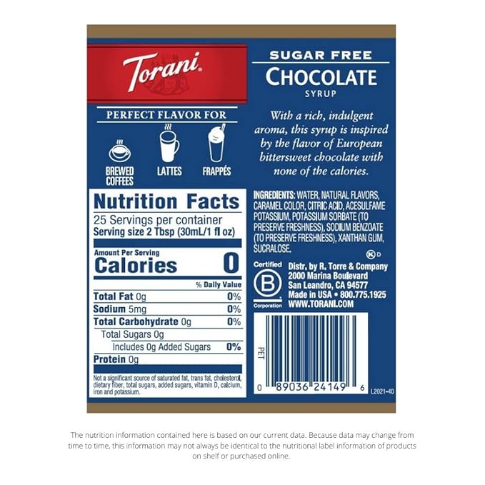 Torani Sugar Free Chocolate Flavored Drink Syrup, 25.4 fl oz (Pack of 4)