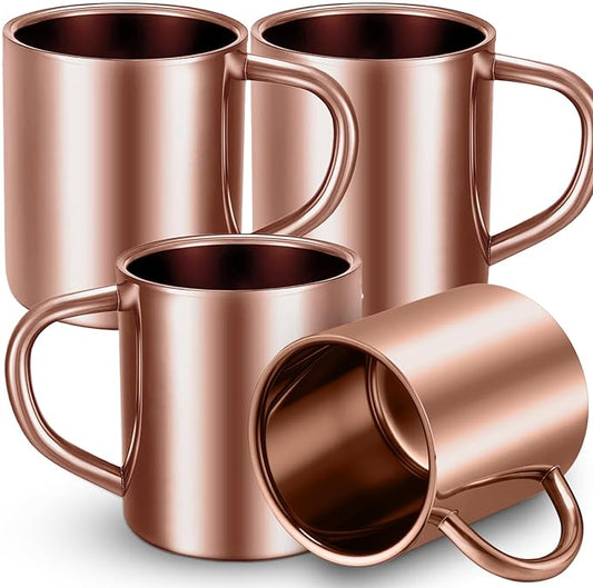 Cunhill 4 Set Small Stainless Steel Coffee Mug 7.5oz/220ml Double Walled Cups Camping Mug with Handle Metal Dishwasher Safe Tea Cups for Home Travel Camping Outdoors Rv Keep Drinks Hot (Rose Gold)