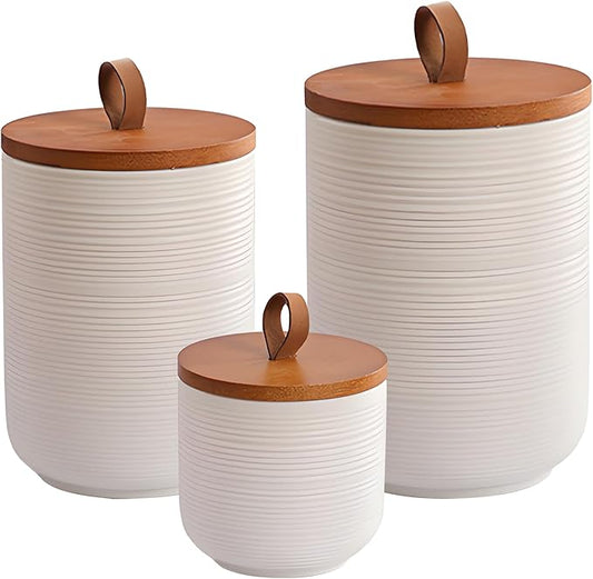 Ceramic Canister Set with Airtight Seal Lid, Kitchen Canisters for Countertop, White Canisters Sets for Flour, Coffee, Bean, Sugar, Tea, Spices and More, Home Decor (Set of 3)