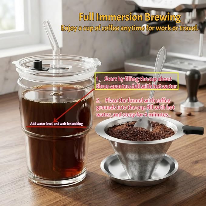 Single Serve Immersion Coffee Maker, Glass Pour Over Coffee Dripper with Reusable Stainless Steel Filter, Manual Coffee Brewer Cup for Home Office Travel-TMF