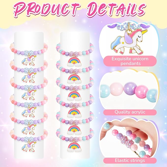 Ecally 12 Pcs Unicorn Party Favors Unicorn Beaded Bracelet Bulk for Goodie Bag Stuffers Supplies Jewelry Princess Birthday Prize Gifts