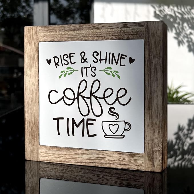 Rise & Shine Coffee Decor Set - Rustic Wooden Table Sign, Farmhouse Style, Coffee Station Decor - Image 3