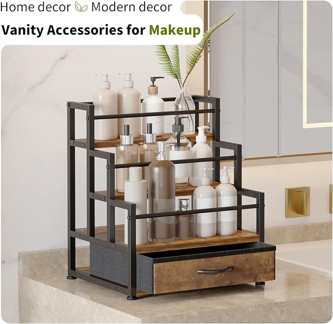 3-Tier Cologne Stand with Fabric Drawer, Cologne Organizer for Men, Spacious Wine Rack,Coffee Syrup Stand for Kitchen, Bathroom & Bar Counter Décor - Image 9