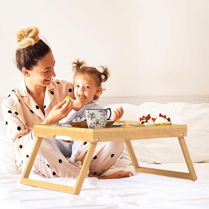 Bamboo Bed Tray Table with Foldable Legs, Breakfast in Bed Tray for Eating, Kitchen Serving Trays, Folding Table for Sofa, Beds, Eating, Working, Used As Laptop Desk Snack Trays, Large Bamboo