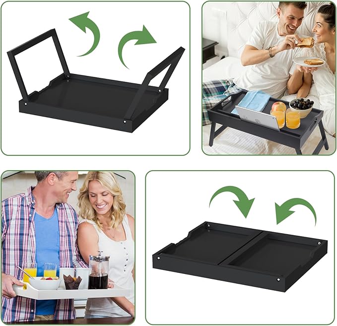 Bamboo Bed Tray Table with Foldable Legs, Breakfast in Bed Tray for Eating, Kitchen Serving Trays, Folding Table for Sofa, Beds, Eating, Working, Used As Laptop Desk Snack Trays, Large Black
