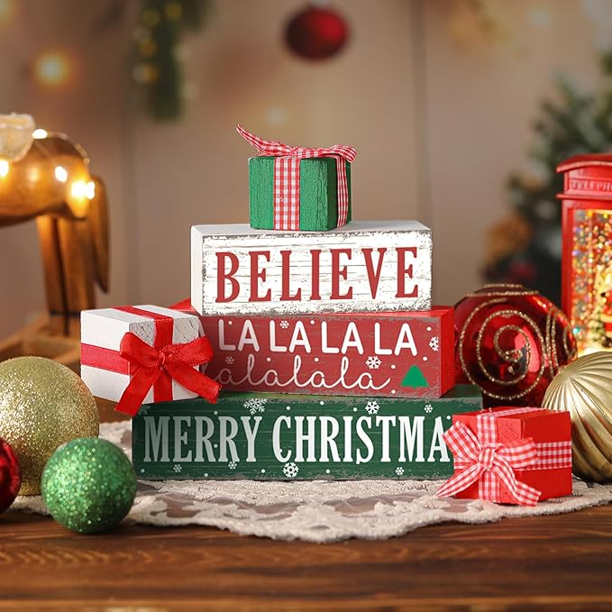 Geelin 4 Pieces Merry Christmas Wooden Table Decorations Xmas Wood Gift Boxes Decor Rustic Christmas Tiered Tray Decor Xmas Believe Tabletop Centerpieces for Home Desk Room Kitchen Shelf