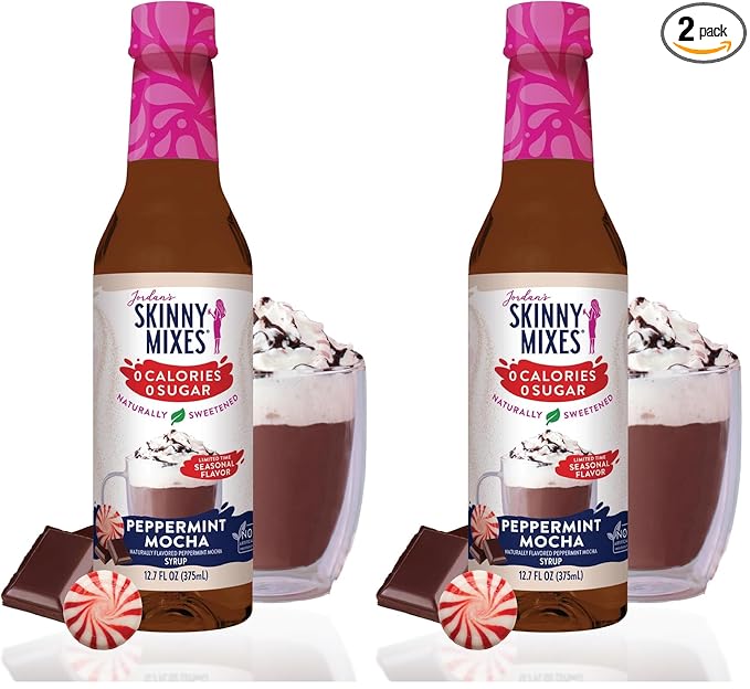 Jordan's Skinny Syrups Sugar Free Syrup, Peppermint Mocha Syrup, 12.6 oz, Zero Sugar and Zero Calorie Flavoring for Coffee, Protein Shake, Cocktail or Mocktail Drinks & More, Naturally Sweetened Line