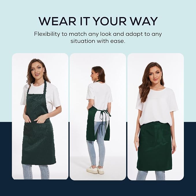 Will Well Kitchen 2 Pack Bib Apron For Men & Women with 2 Pockets - Green | Unisex 33'' x 27'' Oil & Water Resistant Soft Kitchen Chef Apron with Adjustable Neck Strap & 38'' Waist Ties for Snug Fit - Image 5