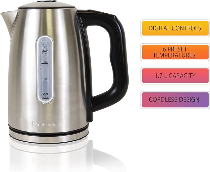 Kenmore 1.7L Cordless Electric Kettle w/ 6 Temperature Pre-Sets, Stainless Steel Teakettle w/LED light, Auto Shut-Off, Keep Warm, Boil-Dry Protection, Silver