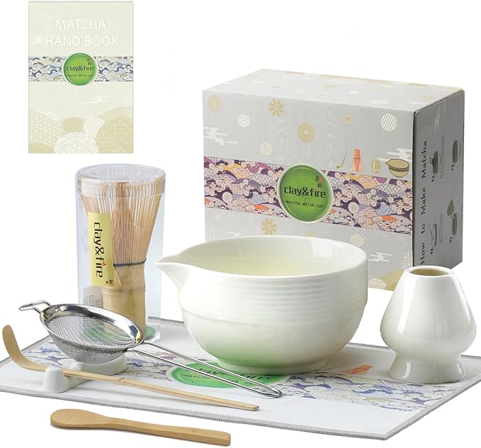 Clay&Fire Matcha Whisk Set, Ceramic Matcha Set, Matcha Bowl with Spout and Whisk,9 pcs Matcha Tea Kit for Matcha Lovers, Ideal Gift Christmas, Birthday（Beige）