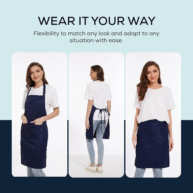 Will Well Kitchen 2 Pack Bib Apron For Men & Women with 2 Pockets - Navy | Unisex 33'' x 27'' Oil & Water Resistant Soft Kitchen Chef Apron with Adjustable Neck Strap & 38'' Waist Ties for Snug Fit - Image 5