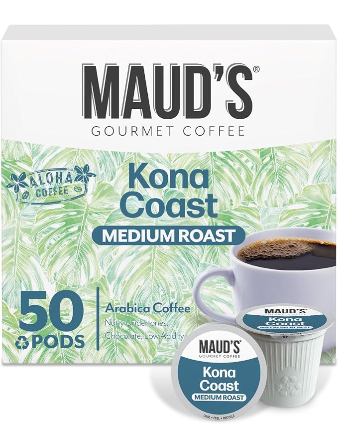 Maud's Kona Coffee Pods, 50ct, Medium Roast Coffee in Single Serve Pods – 100% Arabica Coffee, Compatible with Keurig K Cups Maker by MAUDSCOFFEETEA